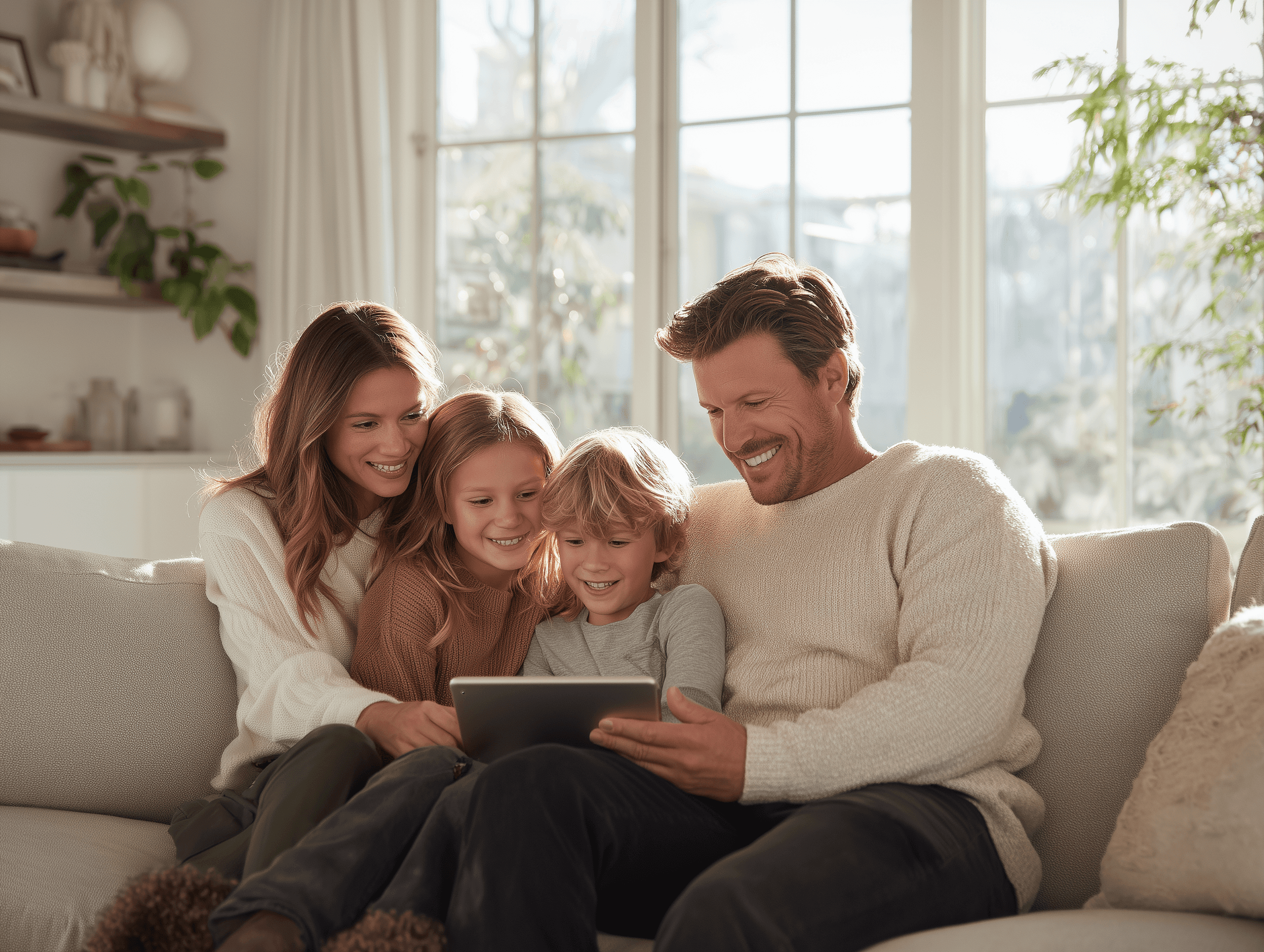 A happy family sitting on a couch using a tablet together