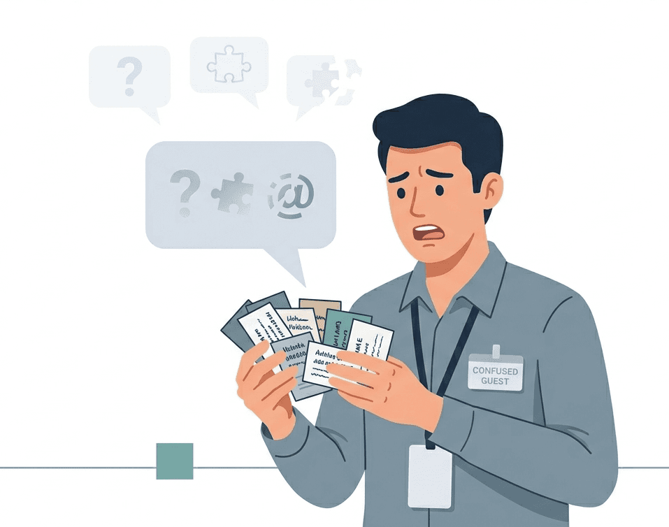 Sales rep overwhelmed with business cards and missing context after event