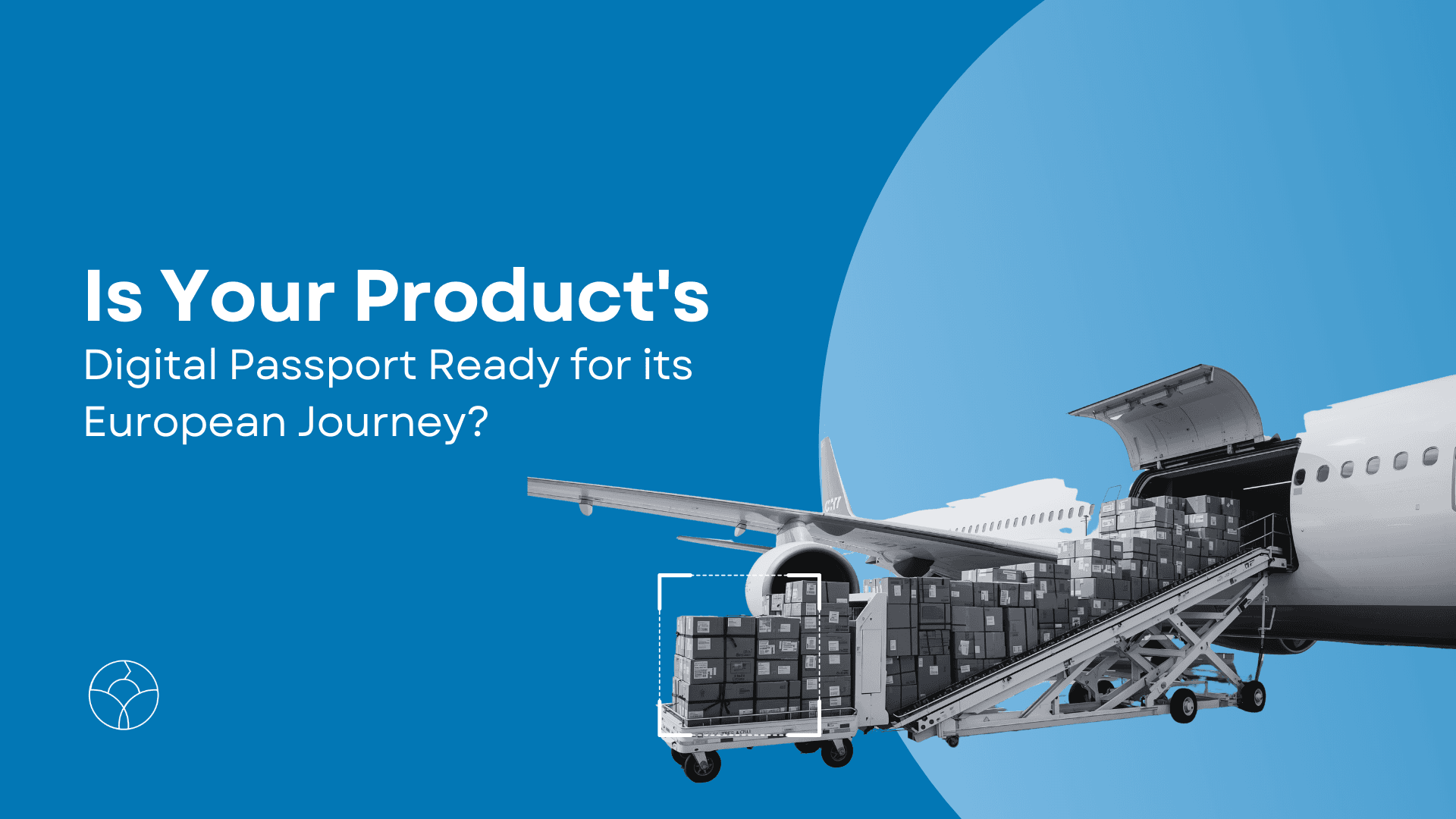 A QR code icon representing product packages loaded onto a cargo plane and the flow of digital data in the context of sustainable trade.