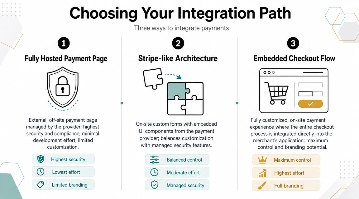 A diagram illustrating three payment integration options: fully hosted pages, stripe-like architecture, and embedded checkout flows.