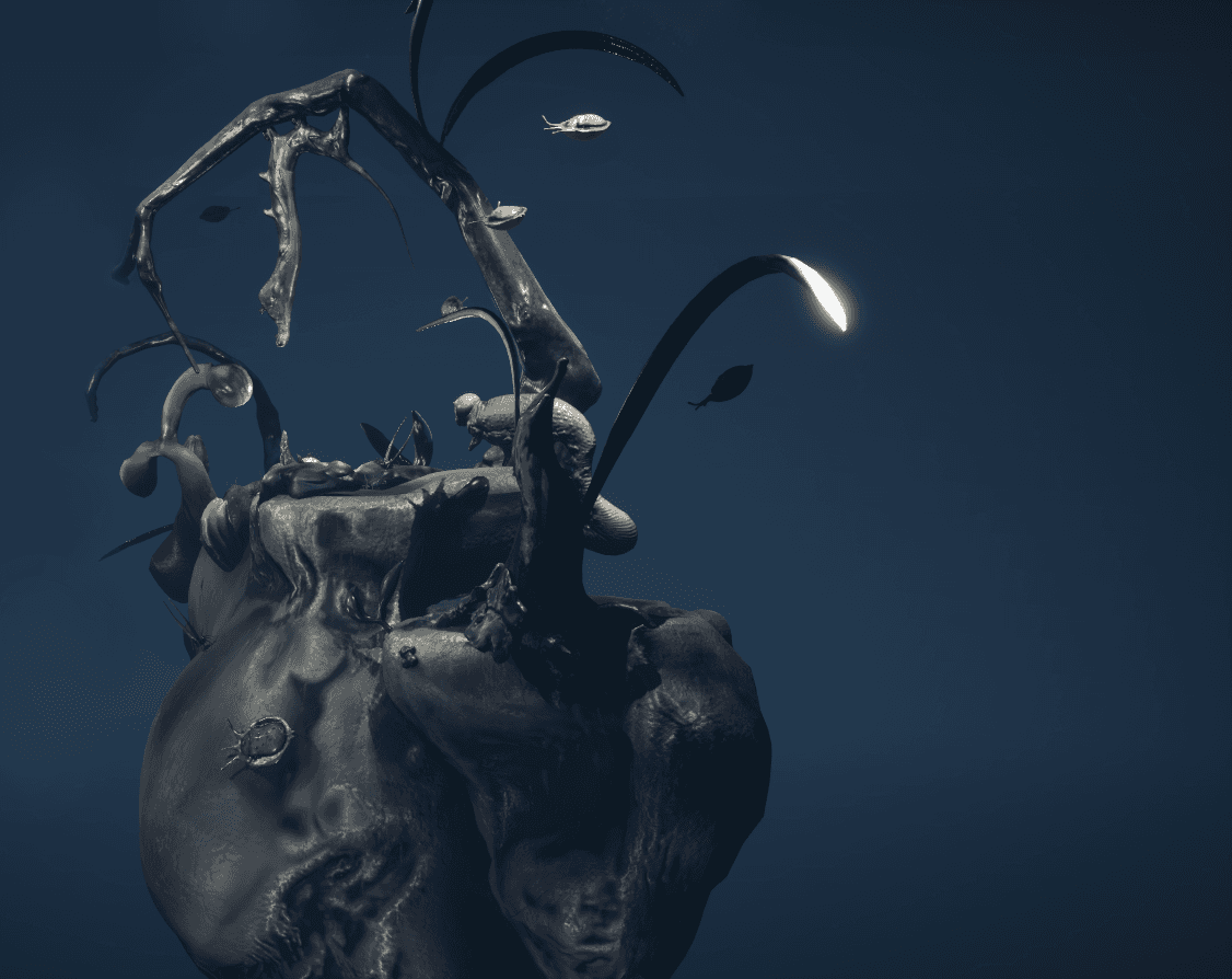 Final render of the dark organic environment, showing a large sculptural mass with branching growths and small insect-like creatures.