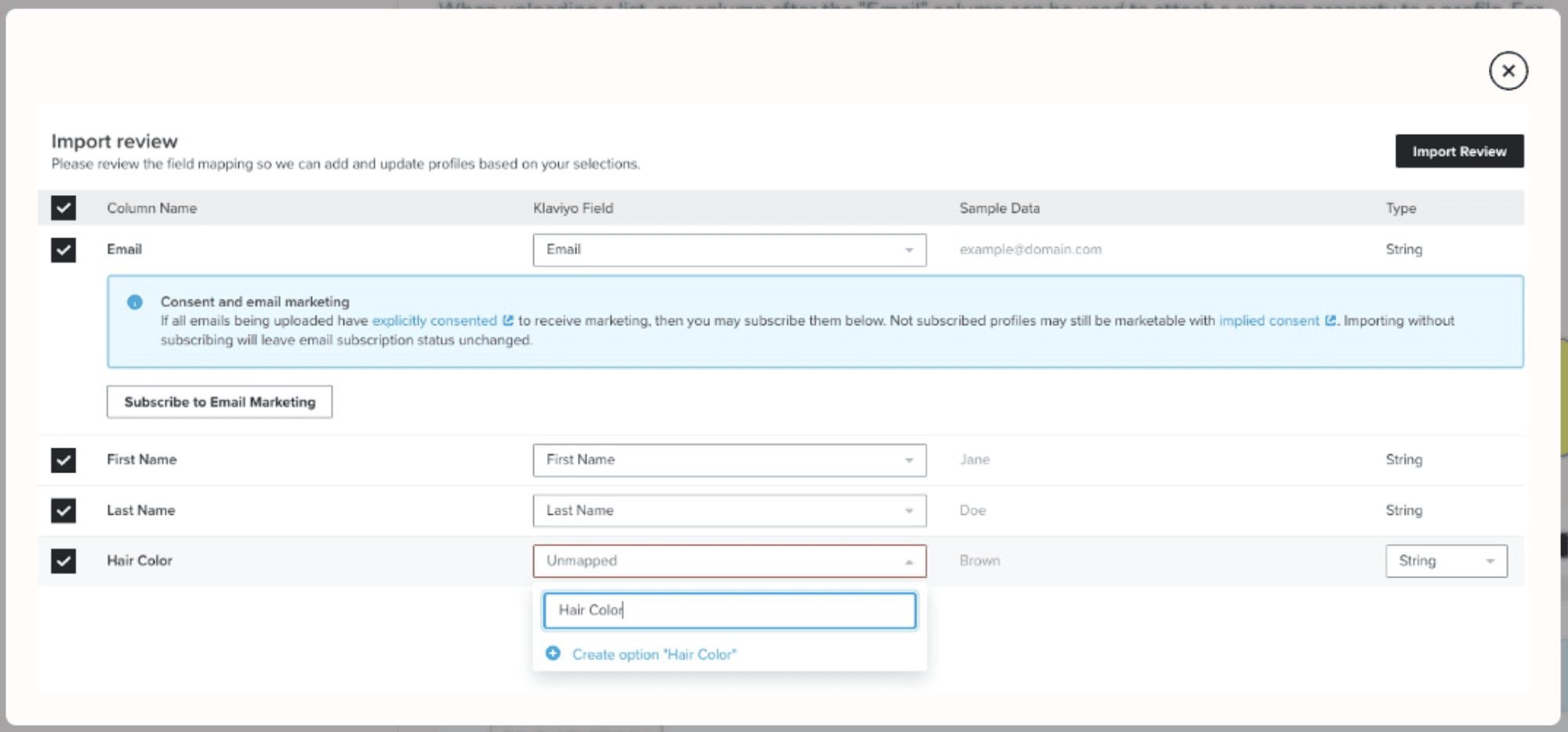 Klaviyo Custom Properties.png – A Klaviyo interface screenshot displaying the option to add and manage custom profile properties.