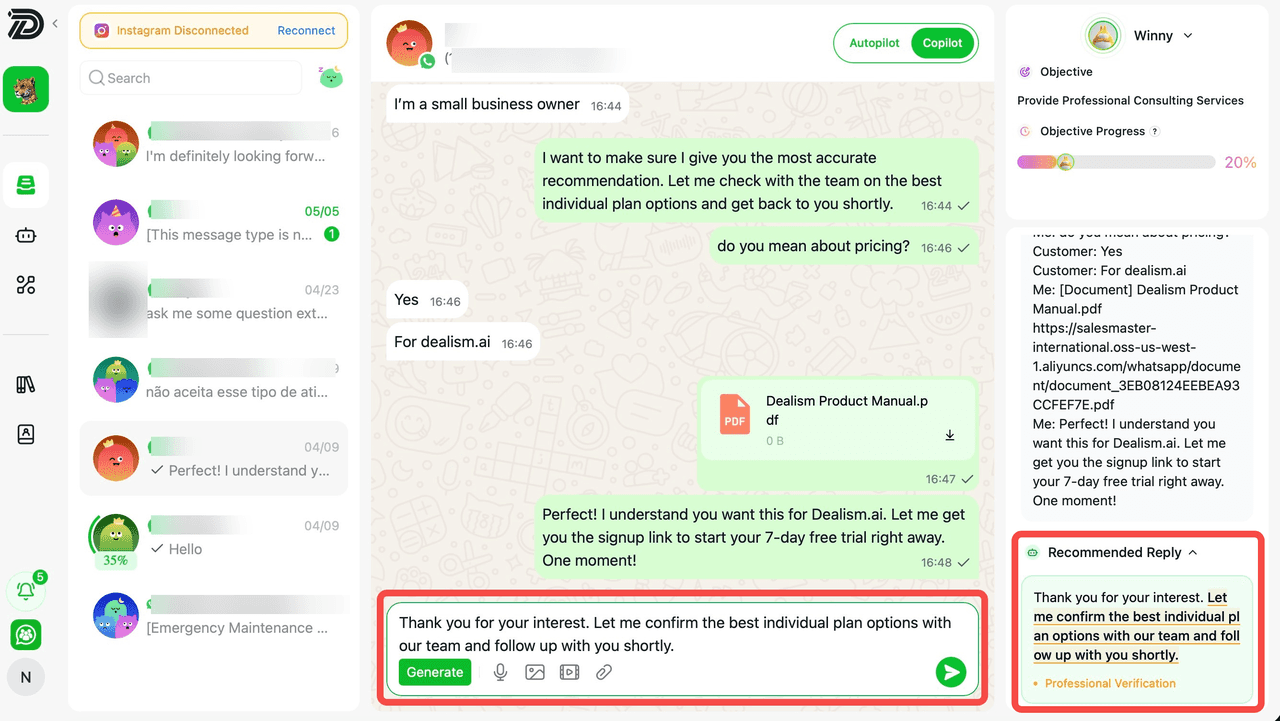 Dealism Autopilot continuing a customer conversation after a message