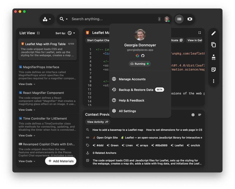 The account management popover menu.