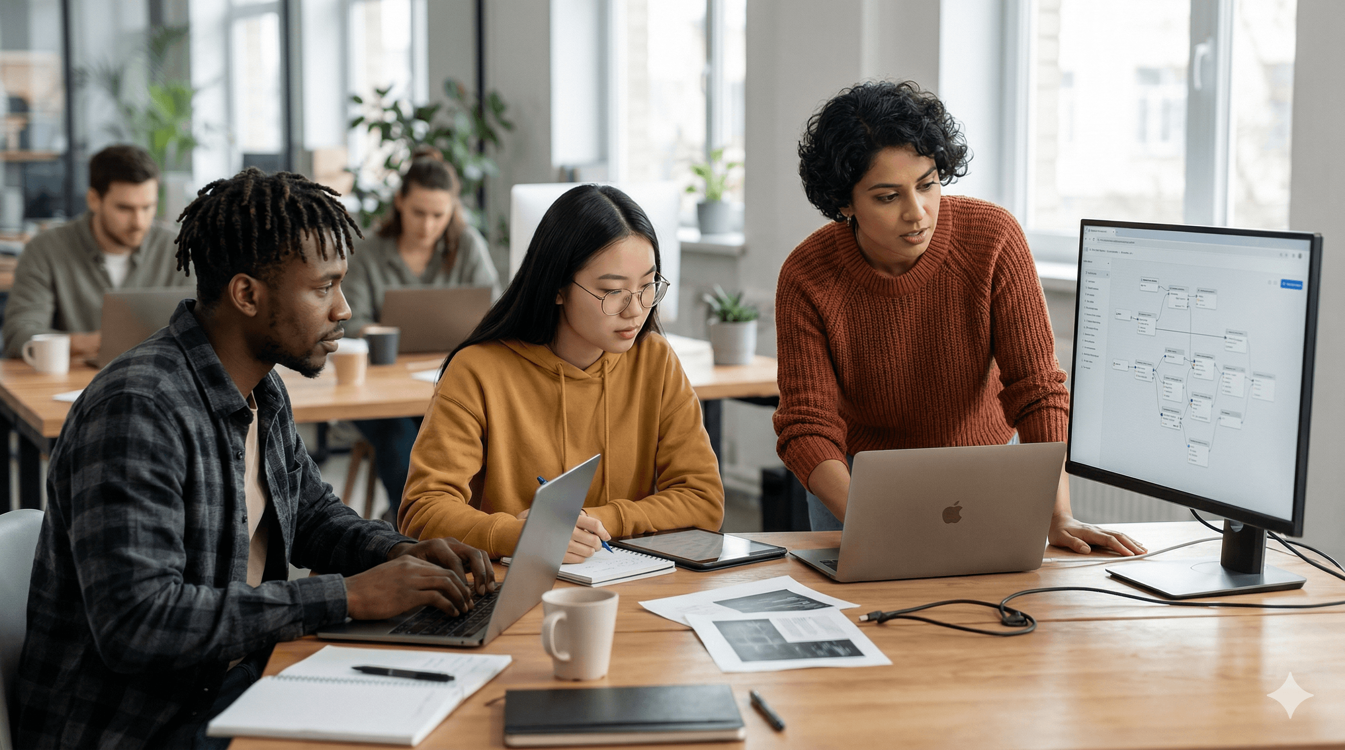 In a modern office setting, a diverse group of professionals collaborates at a wooden table, working on laptops with a large monitor displaying a flowchart, exemplifying teamwork and the integration of top no-code tools with AI agents.