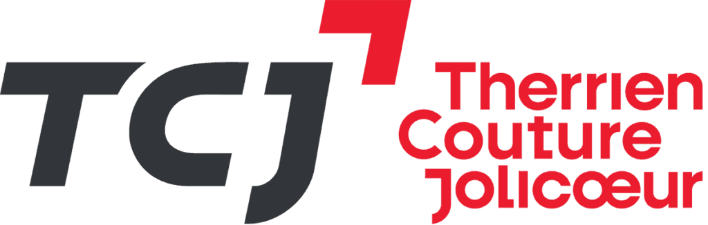Logo rouge et gris de l’entreprise Thermen Couture Jolicoeur, abrégé TCJ.