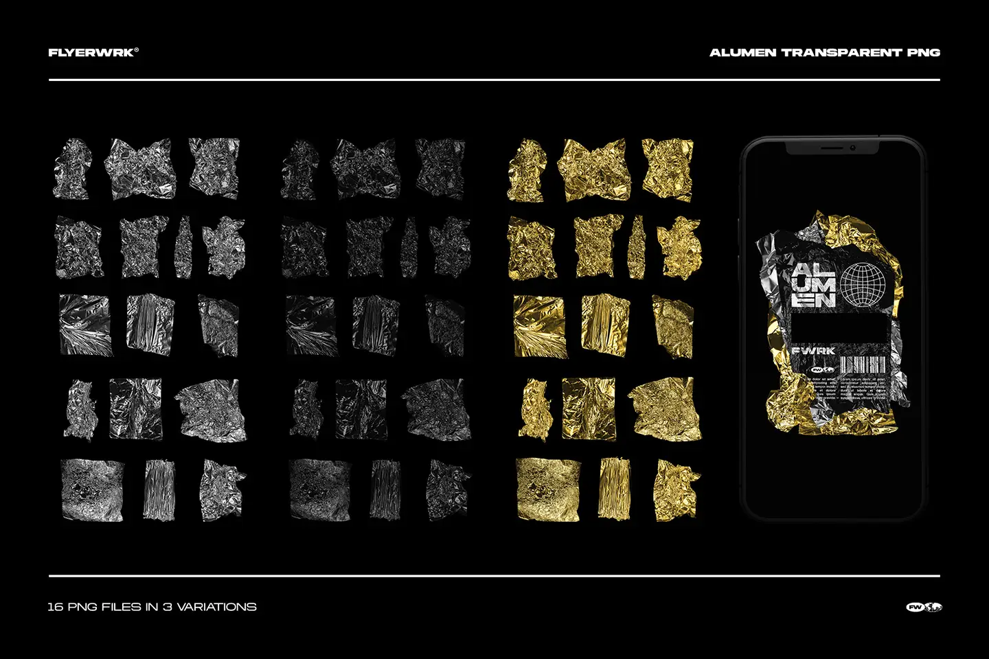 Alumen metal foil textures grid overview showing sixteen PNG files in chrome black and gold styles