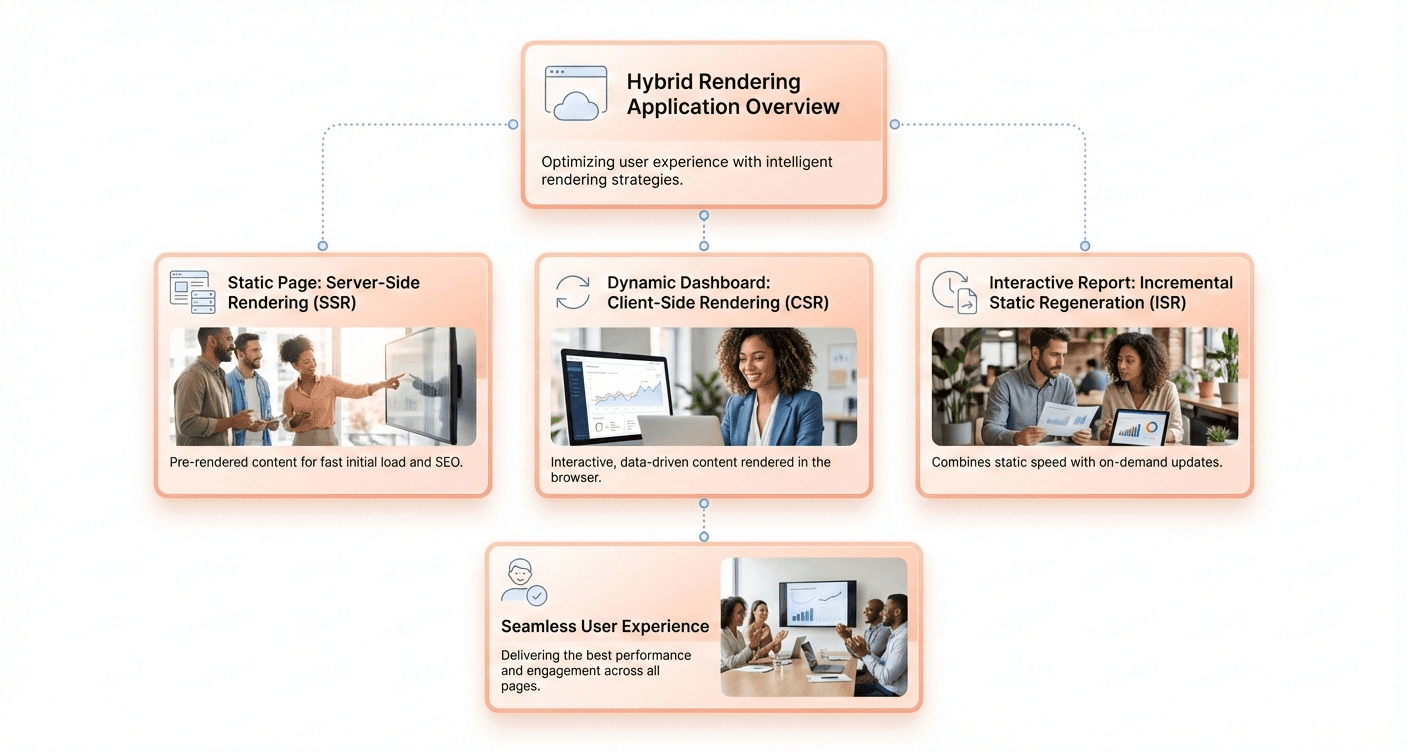 Hybrid rendering strategy in a modern web application using CSR for dashboards, SSR for listings, SSG for marketing pages, and ISR for products.