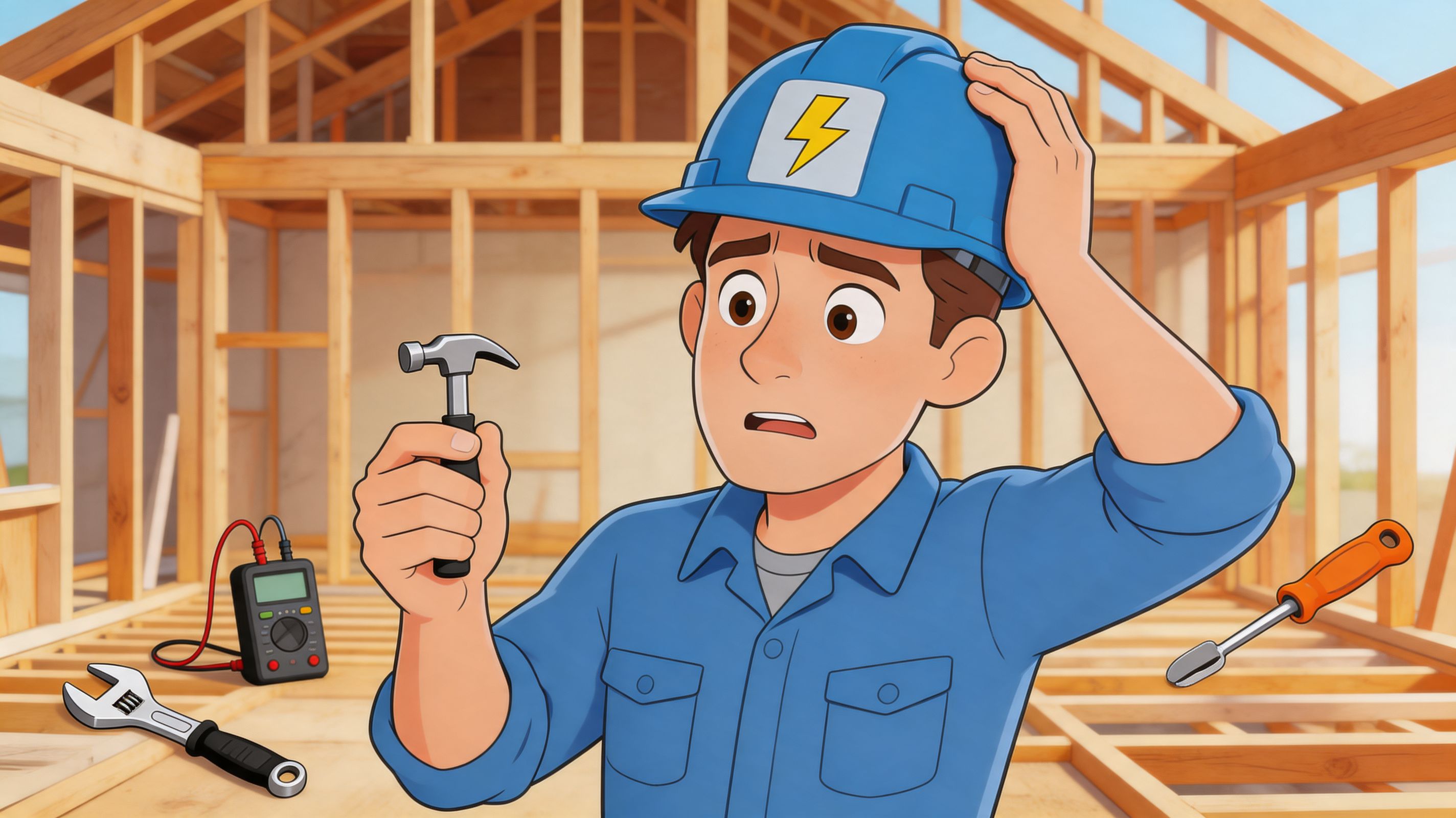 A confused electrician wearing a hard hat holds a small hammer inside a wooden house frame.