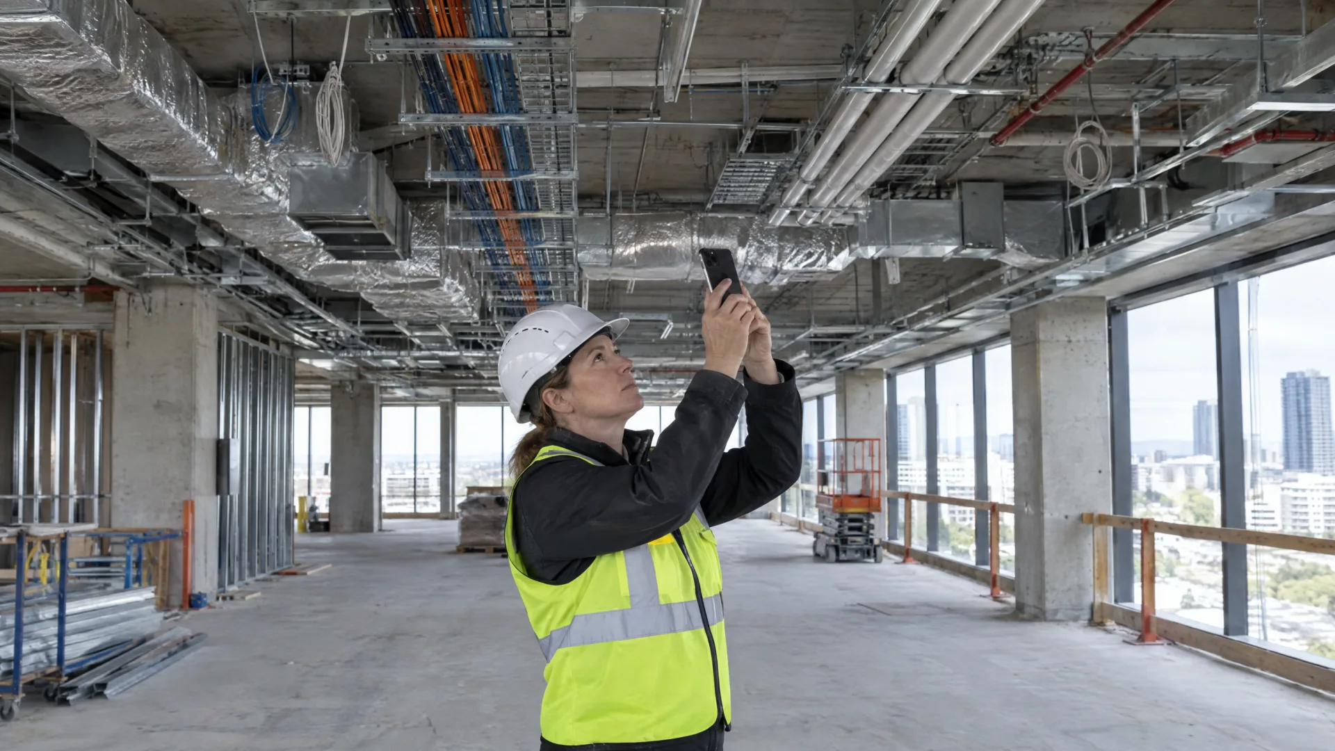 Site manager photographing installed ceiling services to record the day's progress in the site diary