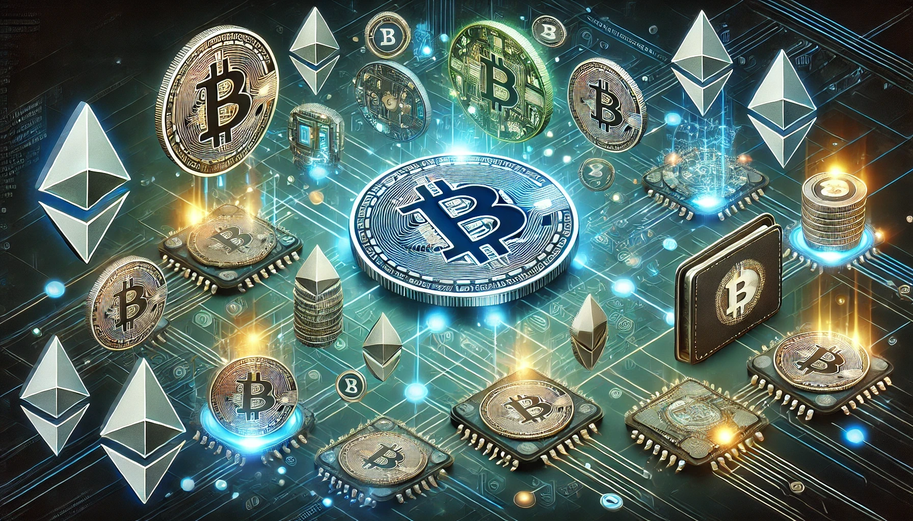 Crypto-themed image featuring charts, digital coins, and market trends, representing cryptocurrency trading and blockchain technology.