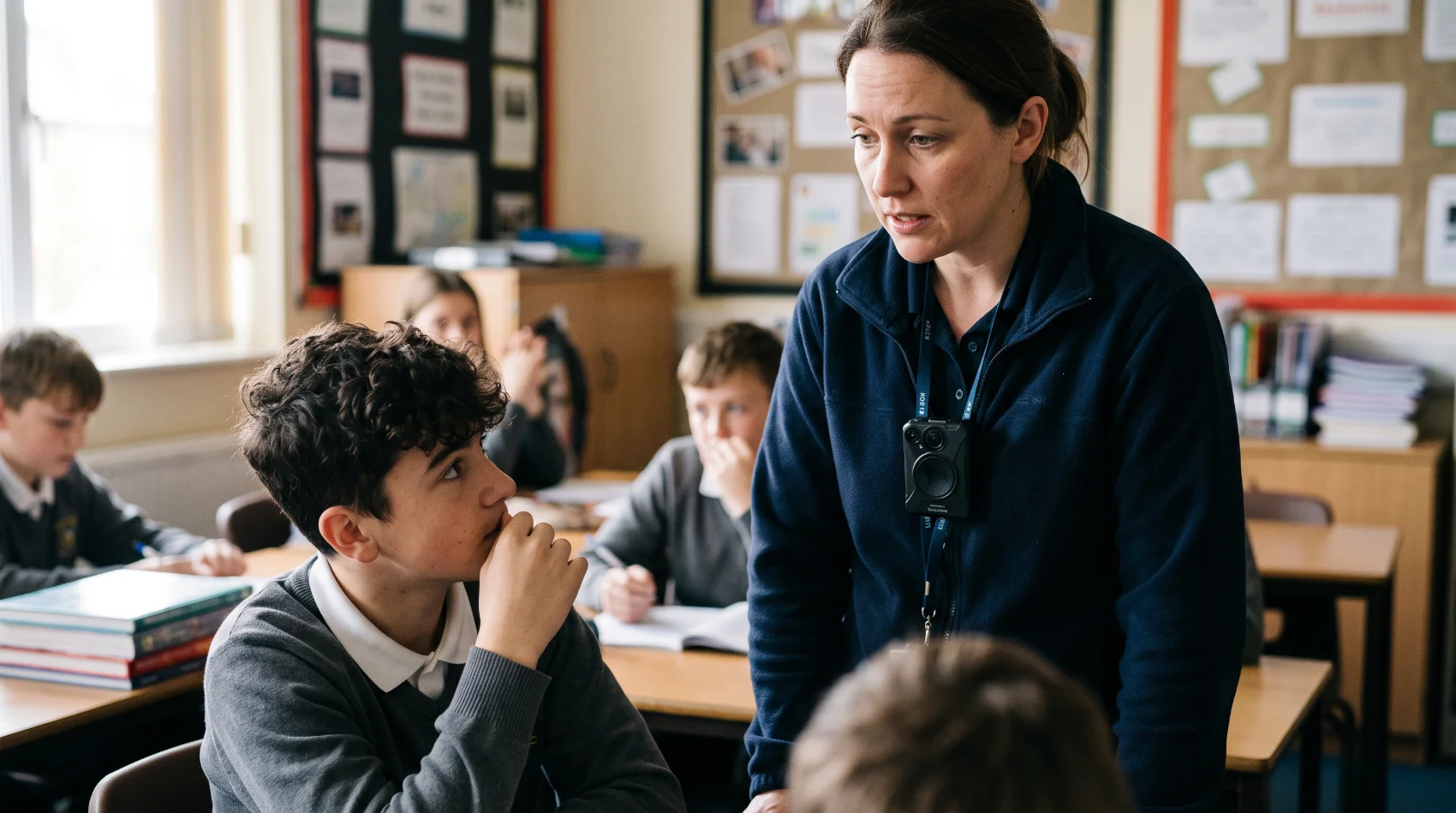 Female secondary school teacher wearing police-style bodycam on lanyard speaking to teenage pupil in classroom trial