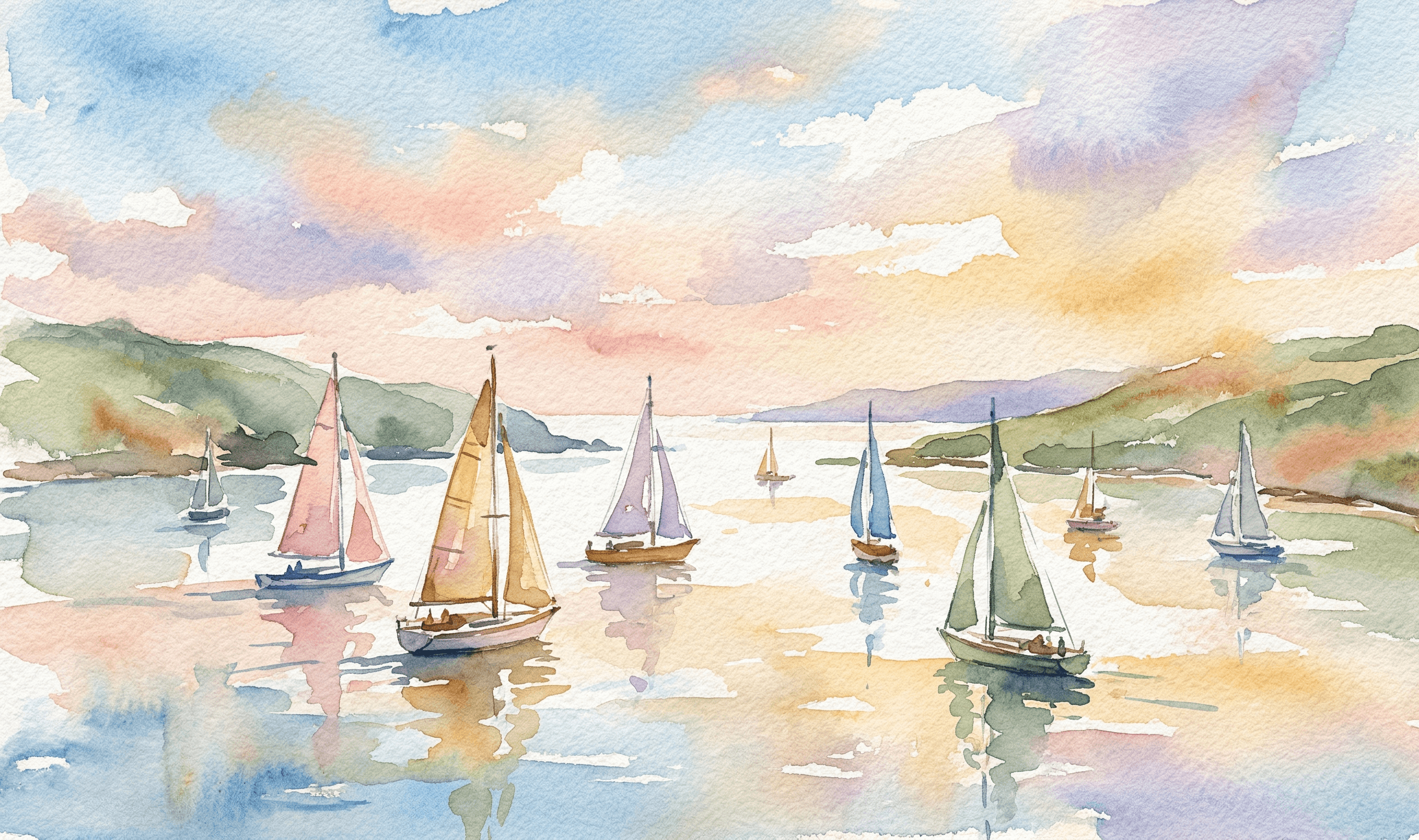 Watercolor eight sailing boats with colored sails scattered across a calm bay