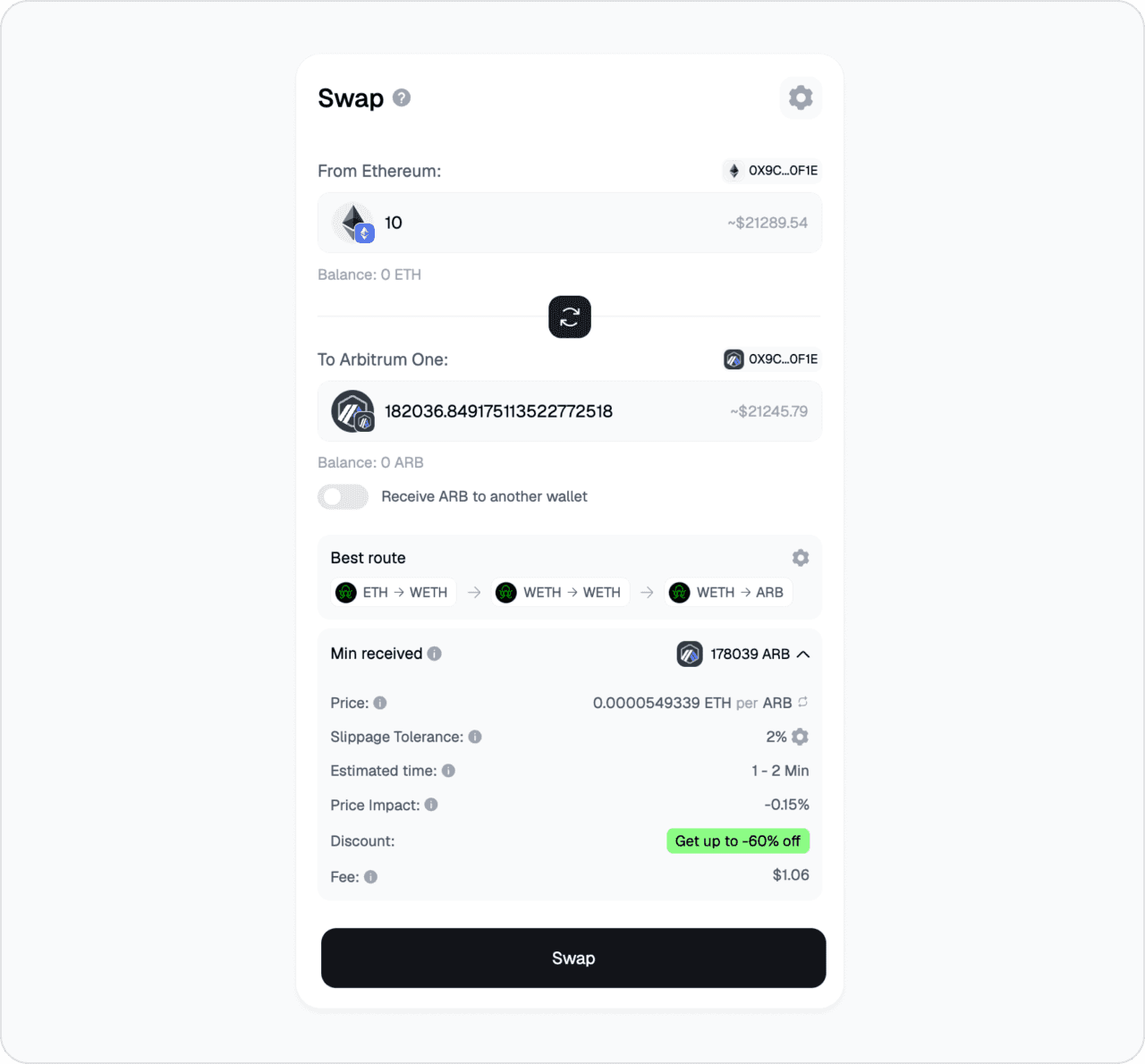 ETH to Arbitrum One bridge route with best-route preview, quote, and signing flow.