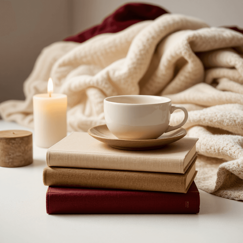 product photography of Coffee or tea set with books and candle