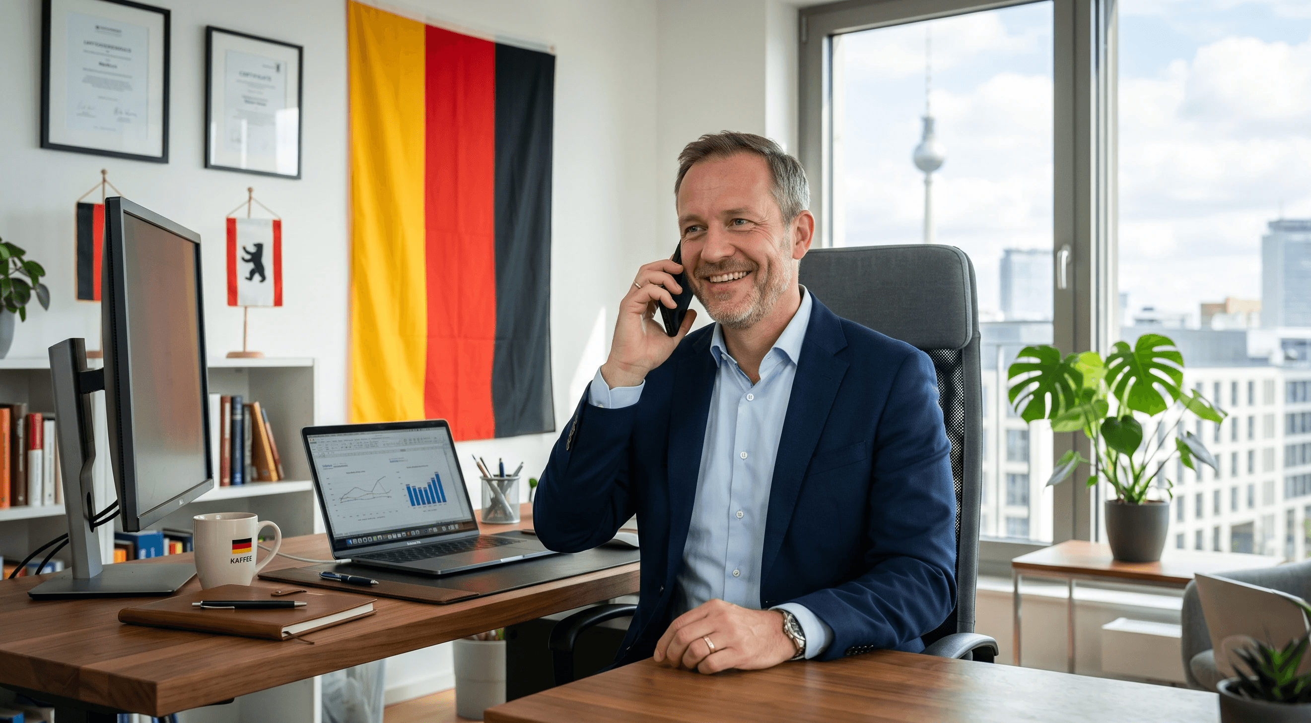 Ein zufriedener Geschäftsmann telefoniert lächelnd in seinem modernen Büro mit KI-Telefonassistent von goai, im Hintergrund ist eine Deutschlandfahne und eine städtische Skyline zu sehen.