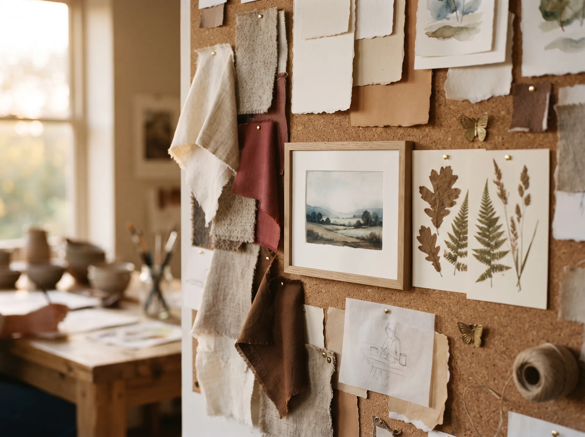 Material wall with fabric swatches and paper samples