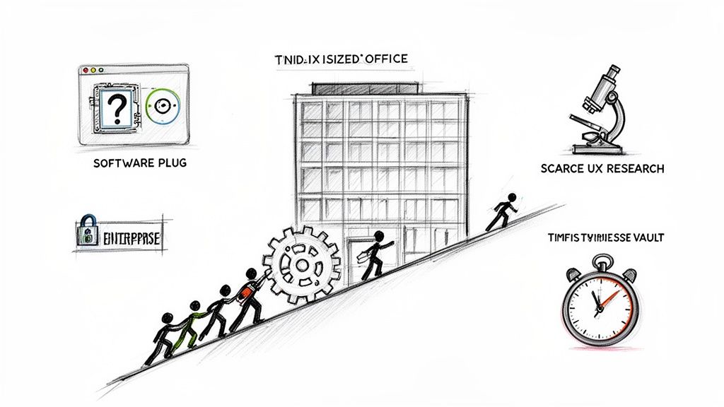 A hand-drawn image shows stick figures pushing a large gear uphill towards an office building, symbolizing challenges.