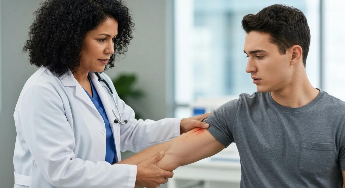 A medical professional examining a patient with a neck injury in a clinical setting