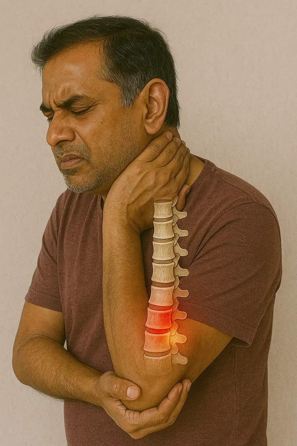 Man gripping his neck with a highlighted cervical spine illustration, showing nerve compression and pain associated with degenerative disc disease.