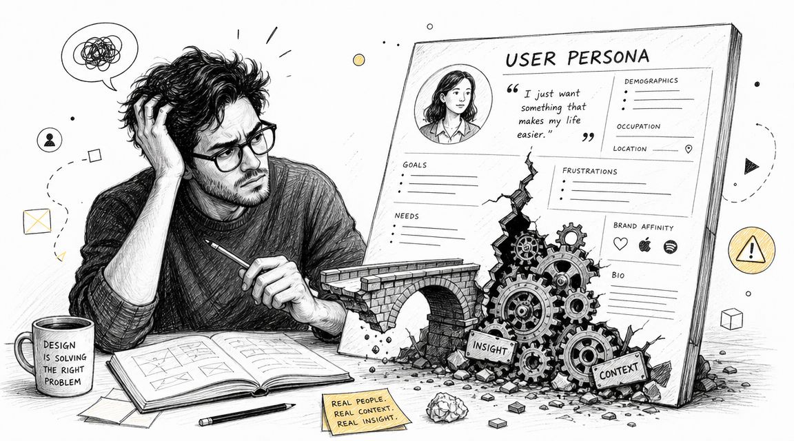 A contemplative designer sketching near a large user persona document filled with gears, bridge illustrations, and sticky notes.