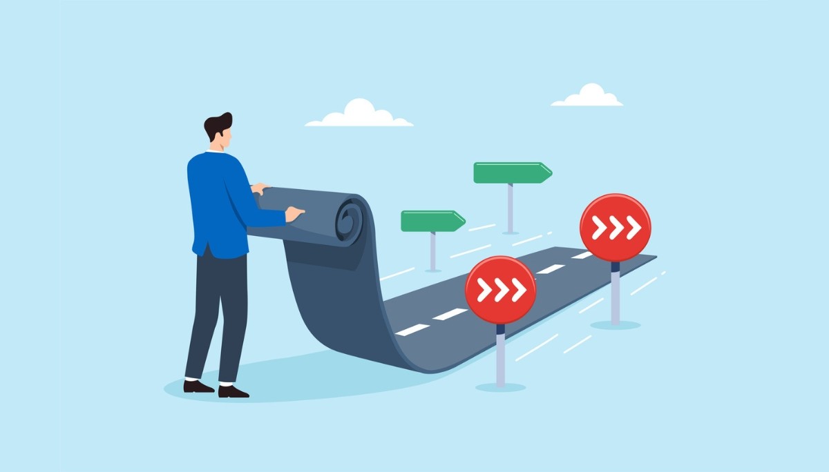 Illustration of a person unrolling a road with lane markings that leads toward multiple directional signs and arrows, symbolizing the careful planning, guidance, and smooth transition needed to adopt Agile methodology without disrupting team productivity.