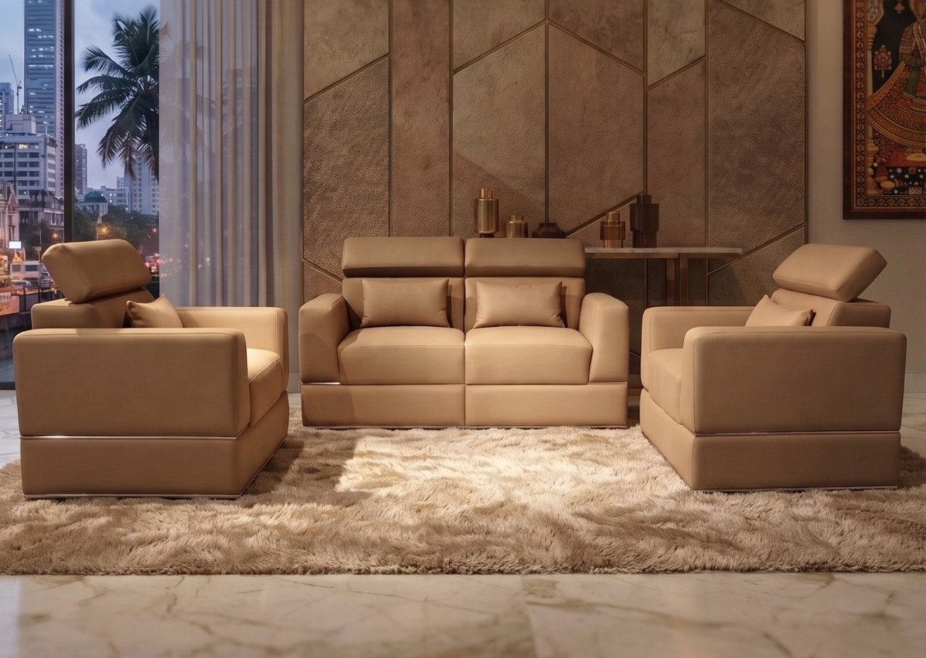 Tan upholstered seating with adjustable headrests and low metal base