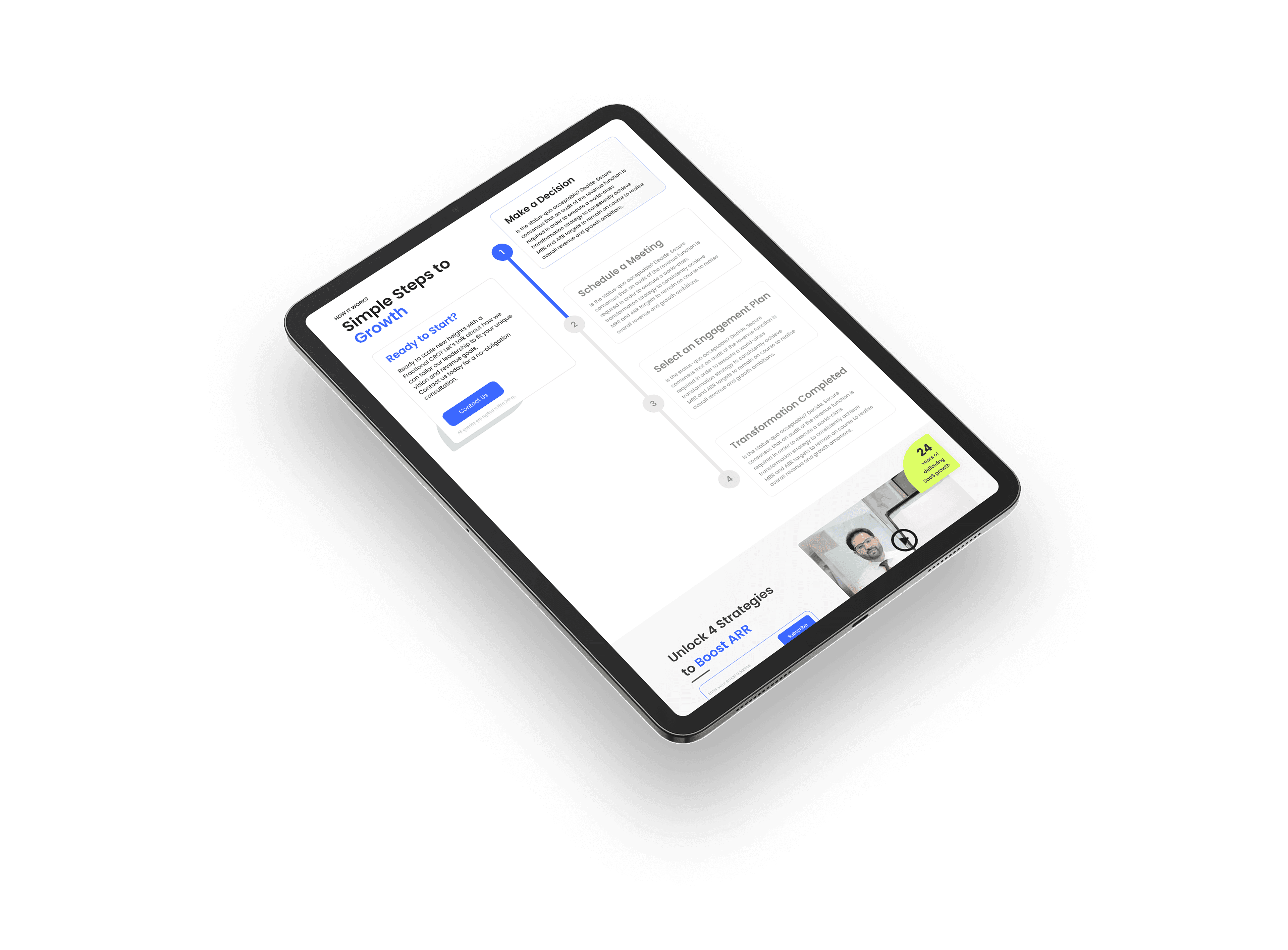 "iPad displaying a business growth strategy webpage with a step-by-step transformation plan. The screen highlights a decision-making process, meeting scheduling, and engagement planning for boosting ARR (Annual Recurring Revenue). Professional and modern UI design for SaaS or consulting services."