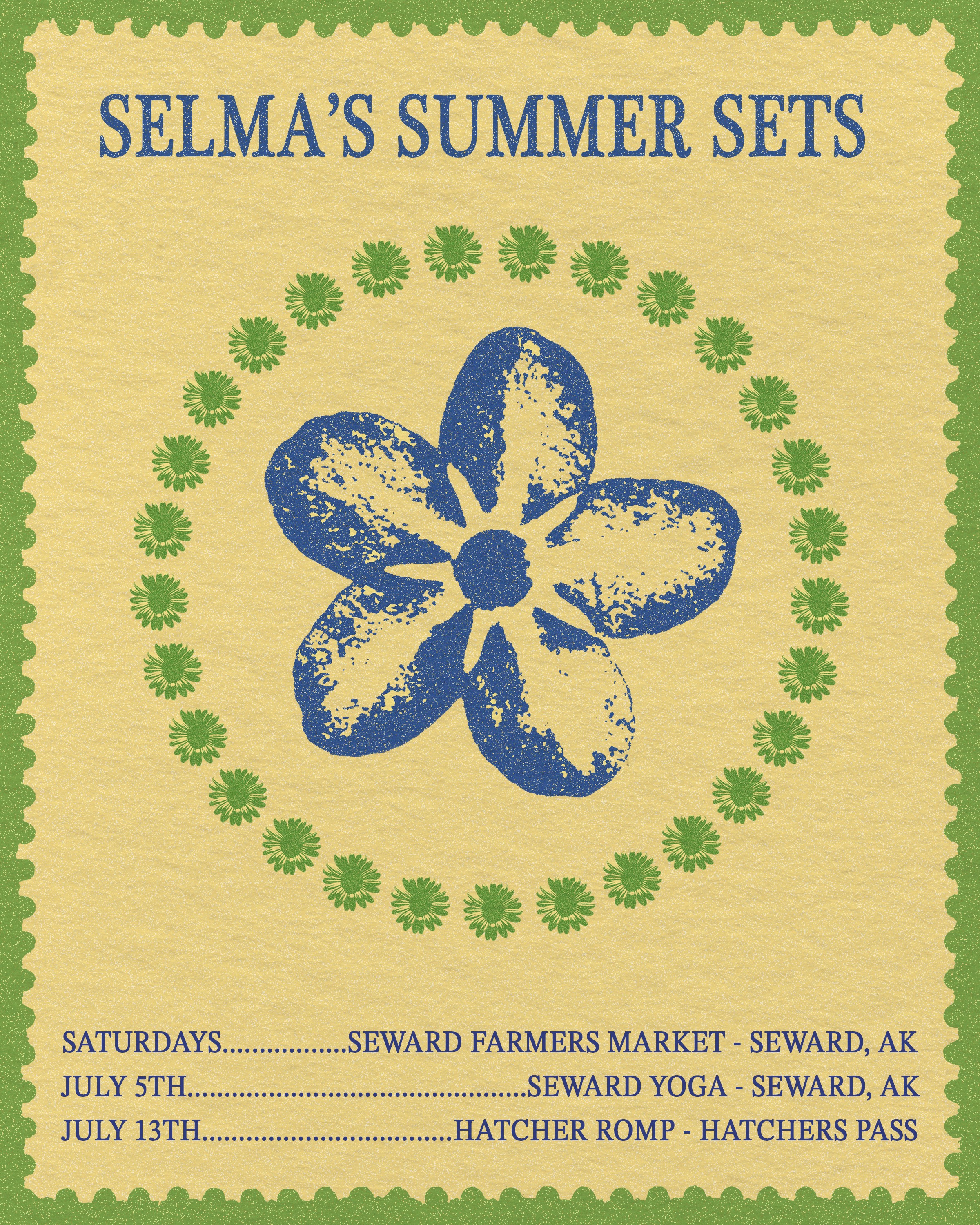 Poster for short concert series for singer Selma. Visual element, flowers in a circle arrangment. Colors: blue and green