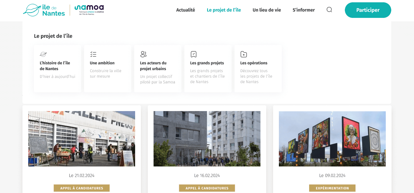 Une section présentant les projets actuellements menés par une entreprise sur son site web, réalisée dans le cadre d'un projet d'ux/ui à nantes pour le compte de la Samoa