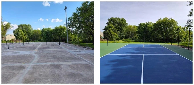 Before and after photos of Campbell Park pickleball court resurfacing in Strawberry Point, IA with new blue acrylic finish