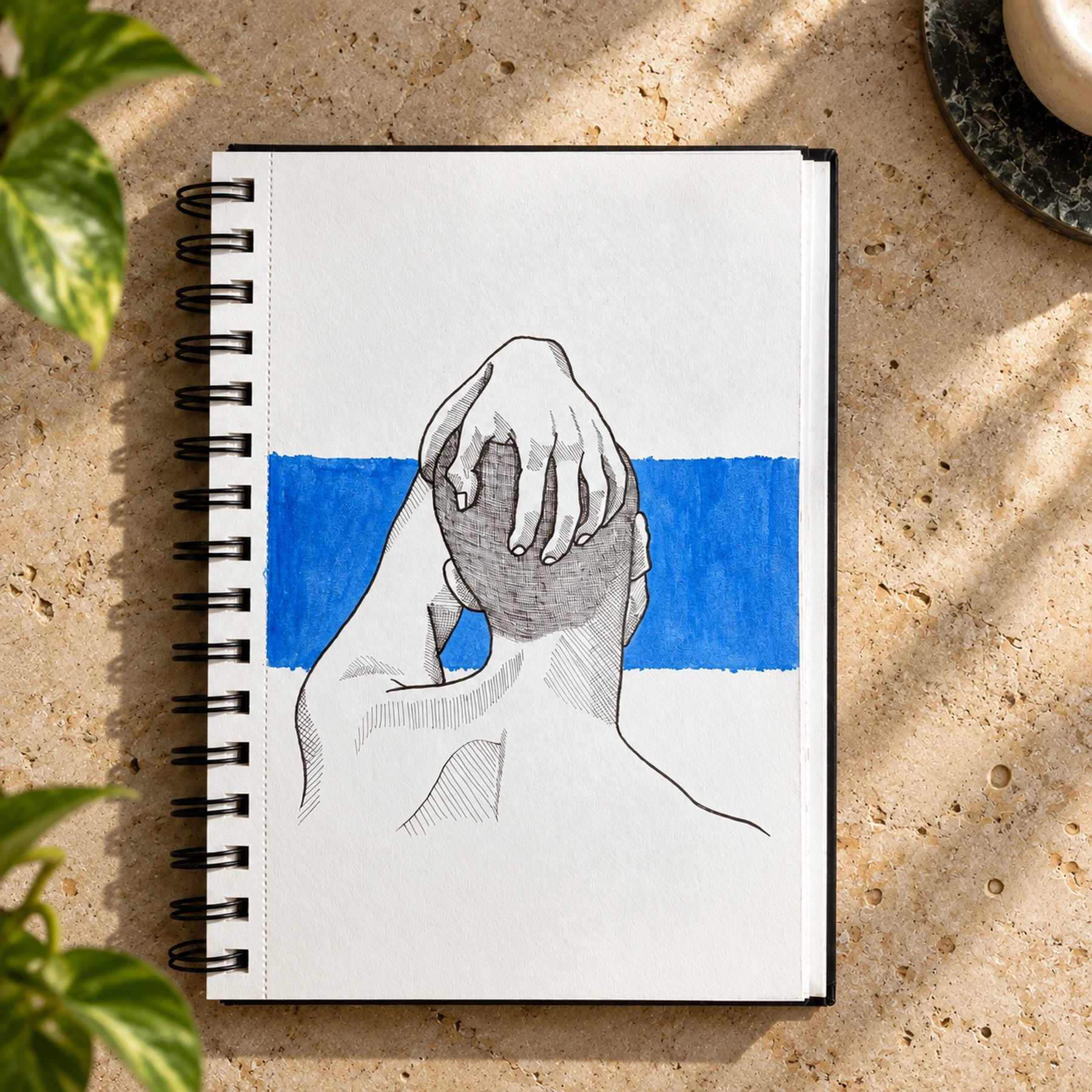 Drawing of a figure viewed from behind with a hand resting on their head and a blue stripe.