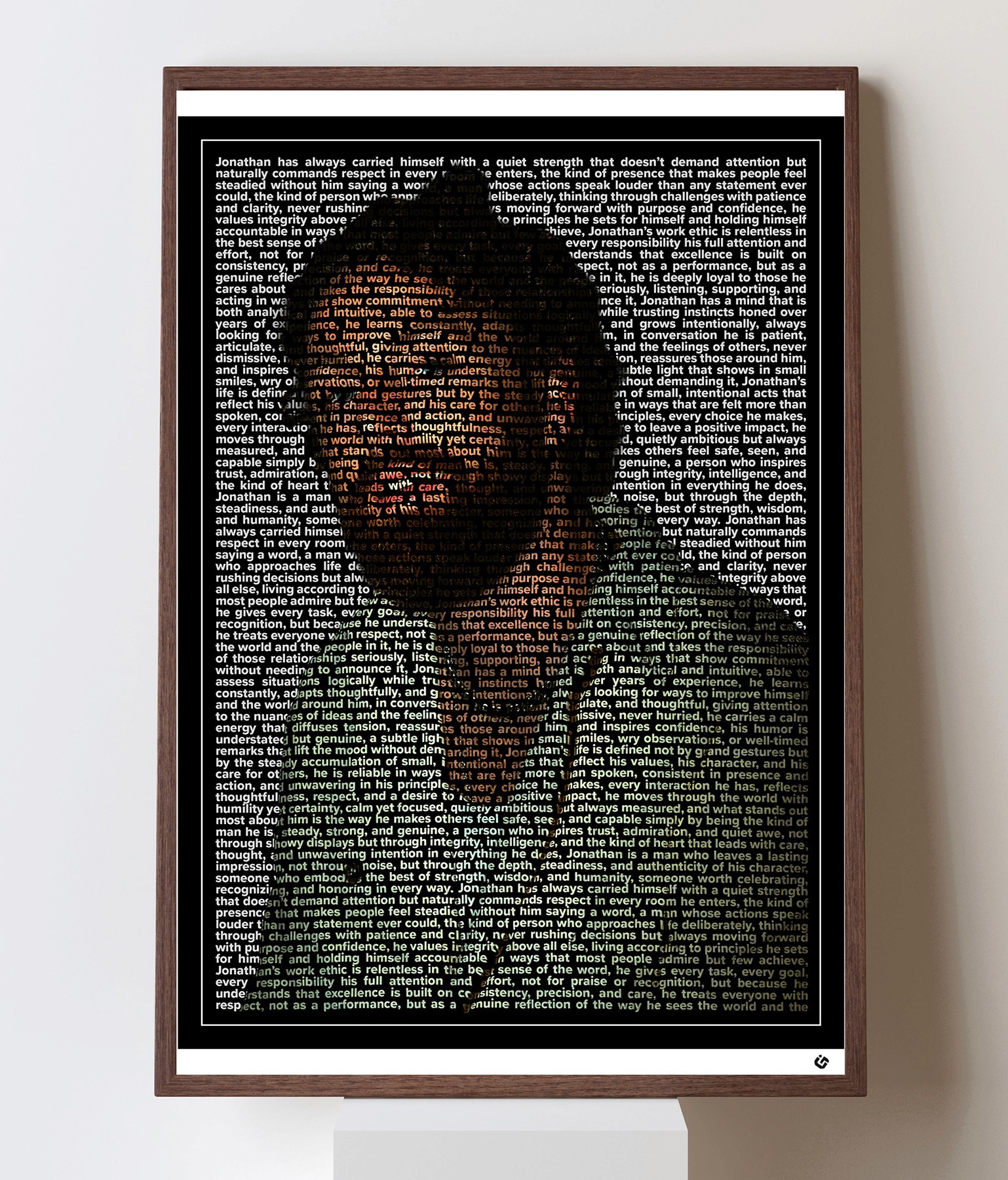 Custom text portrait artwork of a man with curly hair looking slightly to the side. His face, hair, and clothing are formed entirely from dense colored text. The piece features a thin white border, a black border, and a white mat, presented in a modern framed style.