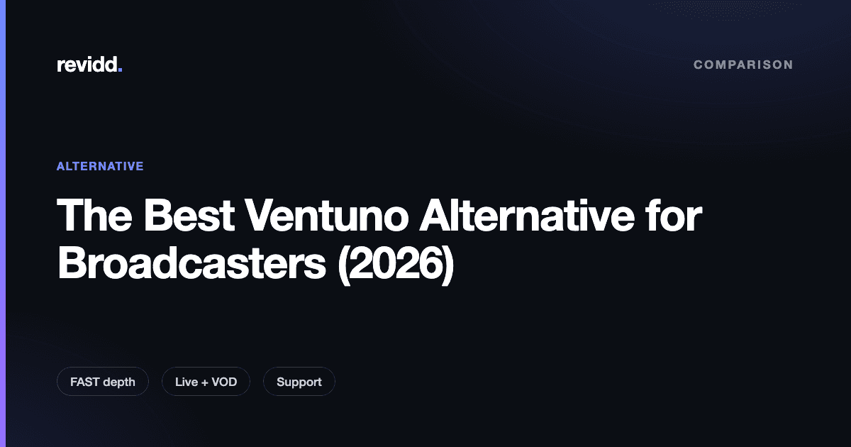 Comparison card showing a Ventuno alternative for broadcasters covering VOD, live, and FAST channels across every device