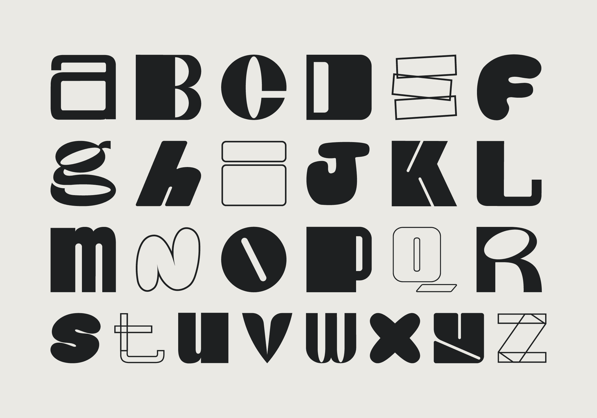 Experimental type on a coloured background showing all the letters