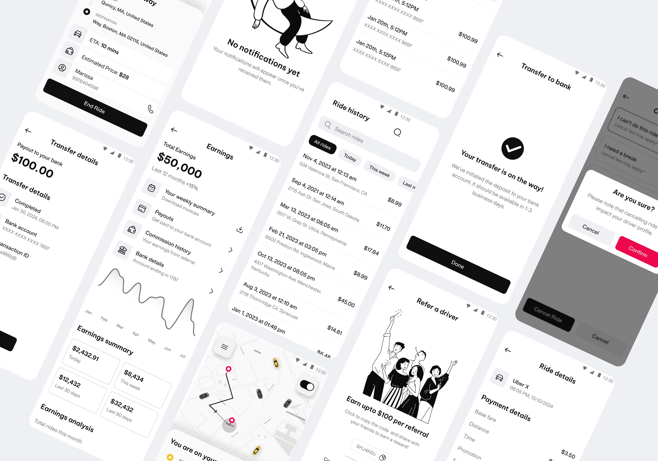 Light Mode App Design - Earnings, Transaction, Ride history, Transfer details, Refer a driver UI Design