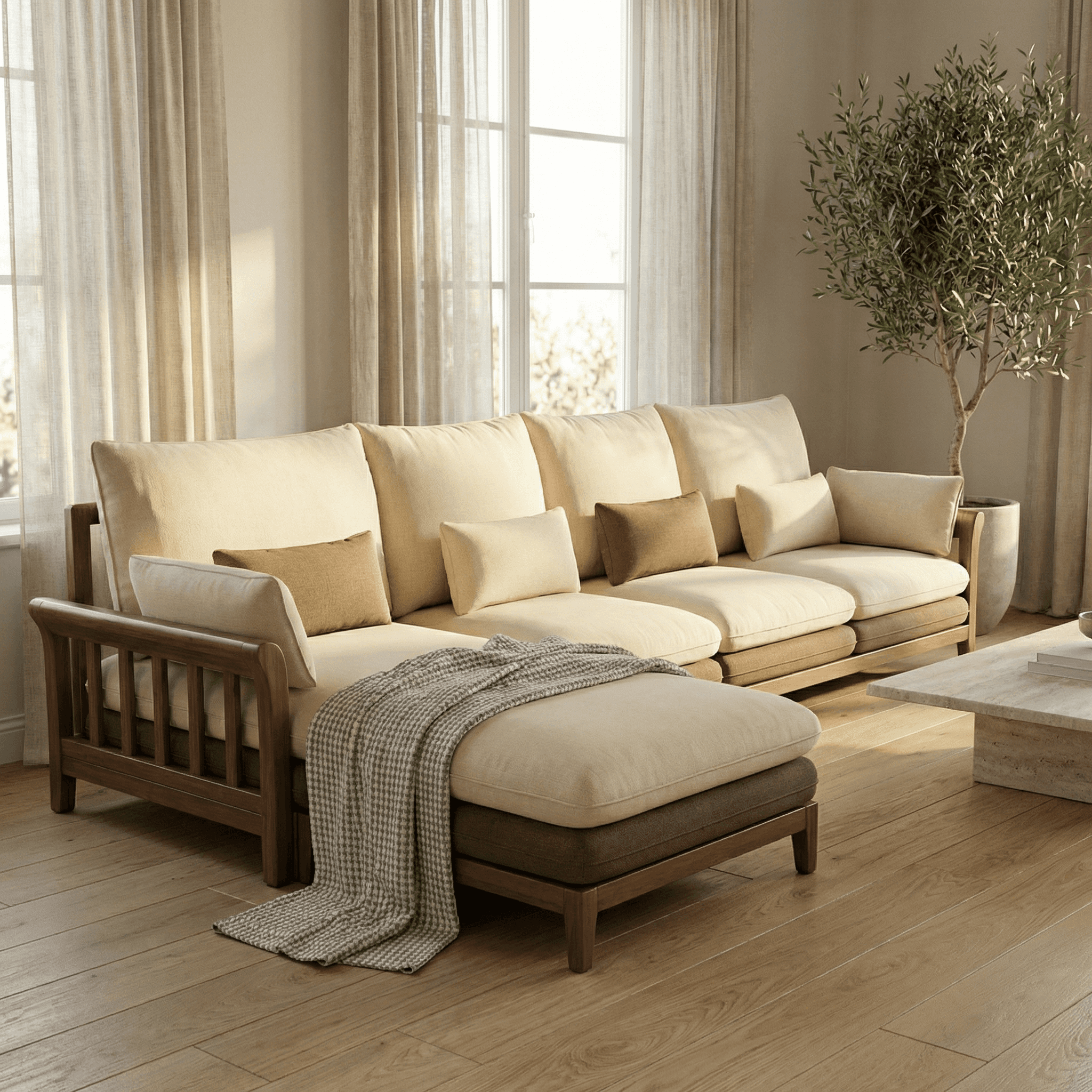 Wood‑framed sectional sofa with airy proportions and relaxed classic appeal