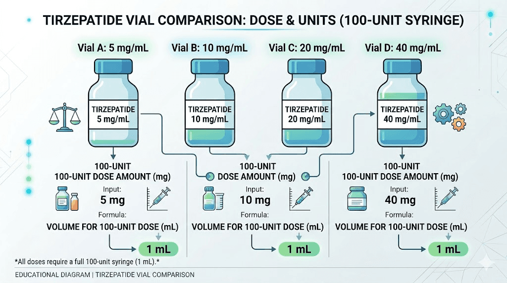 Tirzepatide concentration comparison showing mg per 100 units at each level