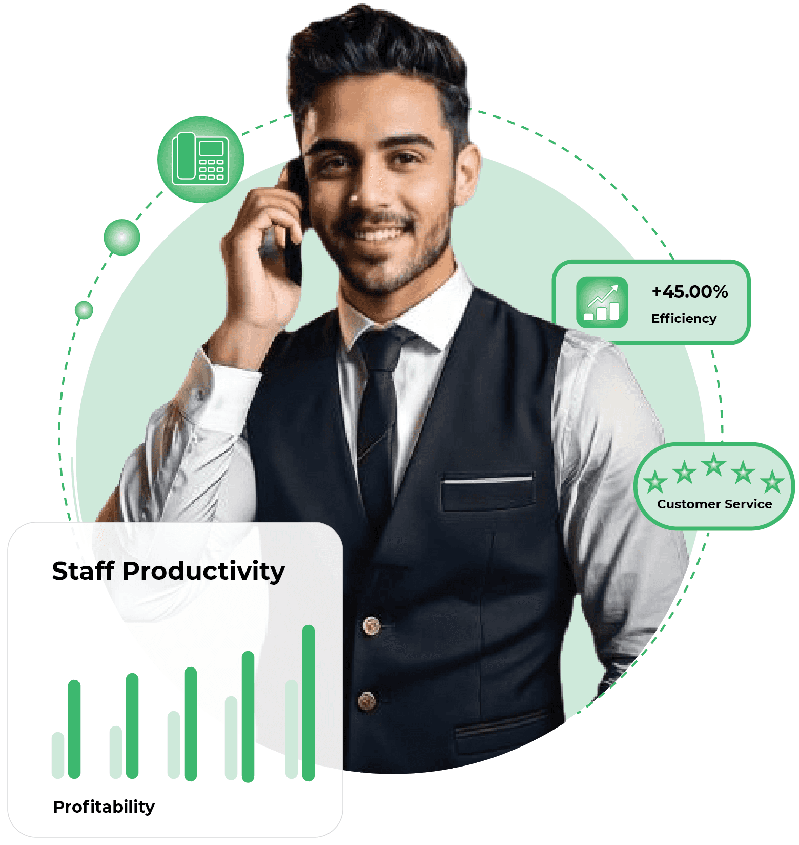 Hotel staff in waistcoat smiling on a cordless phone – with green communications items surrounding him in a circle