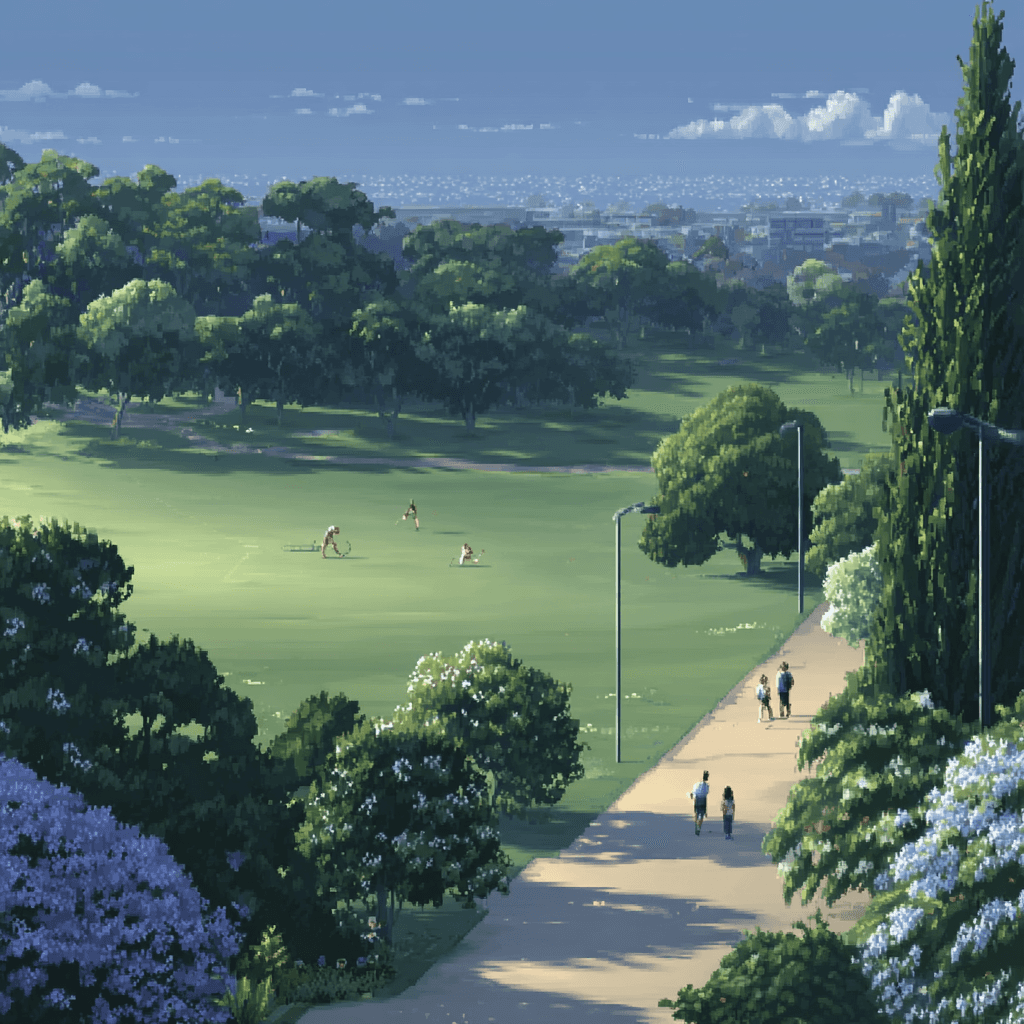 Pixel art of path through large park from above.