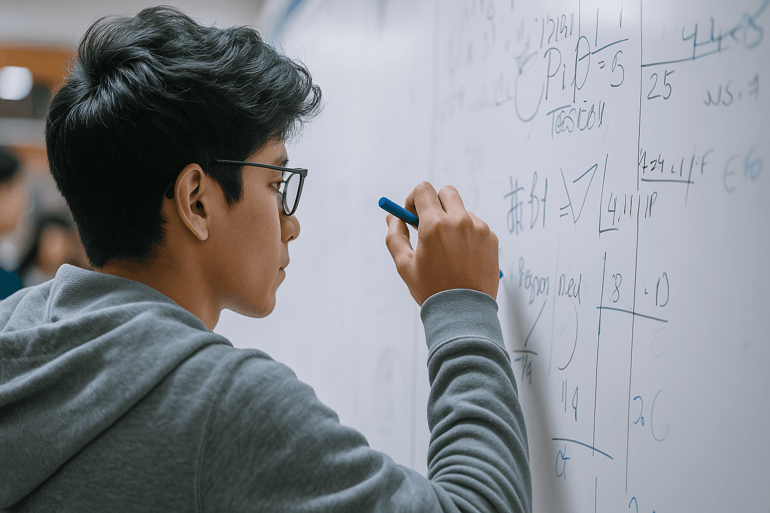 High school students engaging in STEM research at RISE summer programs, with a chalkboard showing math formulas, scientific diagrams, and the golden ratio.
