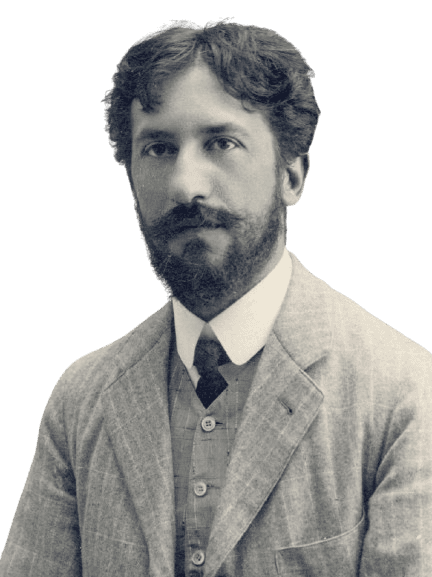 A black-and-white portrait of Santiago Ramón y Cajal, the Spanish neuroscientist, known as the father of modern neuroscience. He is wearing a light-colored suit, a neatly buttoned vest, and a dark tie, with a full beard and wavy hair. His serious expression and focused gaze reflect his profound contributions to the study of the nervous system and brain.