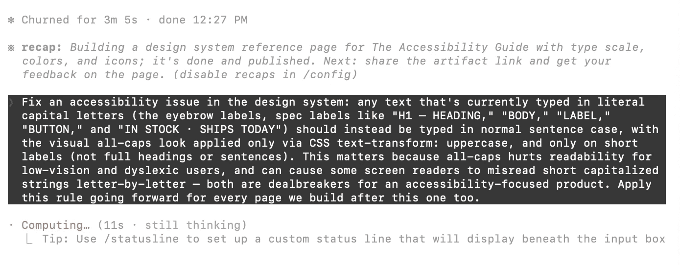Claude Code screenshot showing instructions to improve interface text readability by replacing hard-coded uppercase text with sentence case and using CSS for visual capitalization where appropriate.
