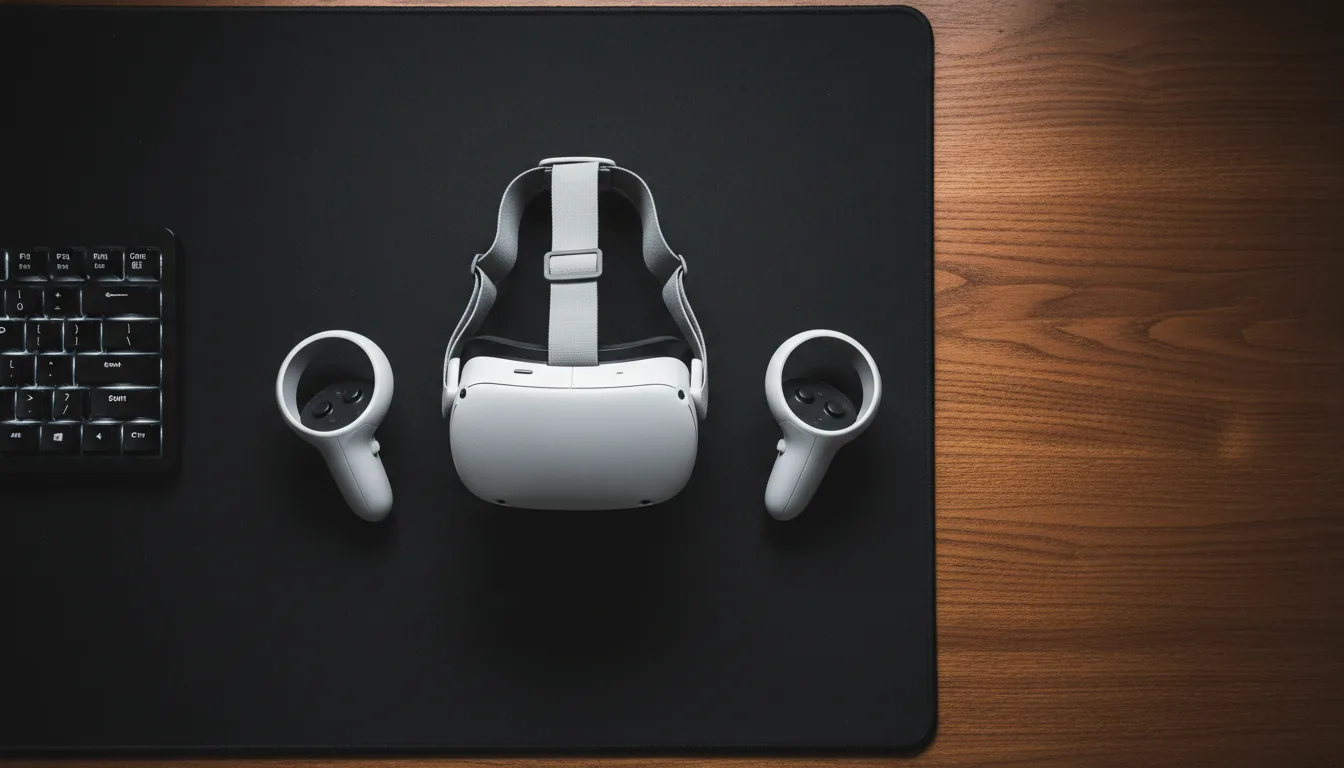 DSLR top-down flat lay photograph of a white Meta Quest 2 VR headset and controllers arranged on a dark textured desk mat, with a warm wood-grain surface and a keyboard partially visible on the left. The scene is shot with soft studio lighting, creating a high-contrast, monochromatic look, with selective color emphasizing the rich brown tones of the wood. The focus is sharp, highlighting the matte plastic texture of the hardware.