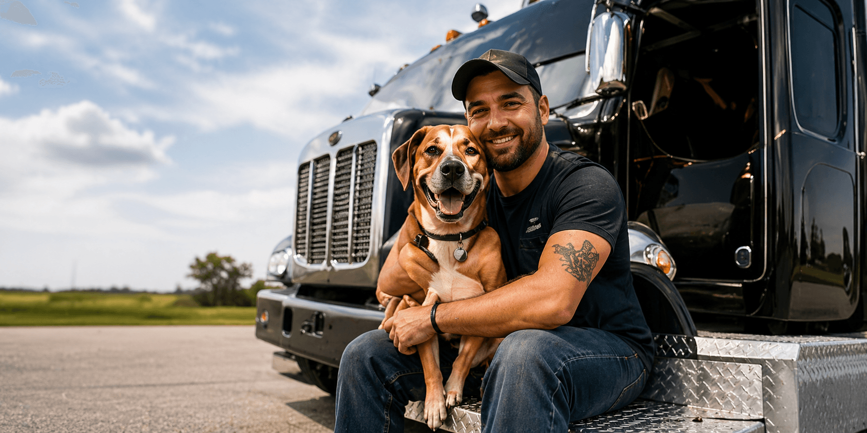 A person sits on a truck step, holding a dog, with a clear blue sky in the background.