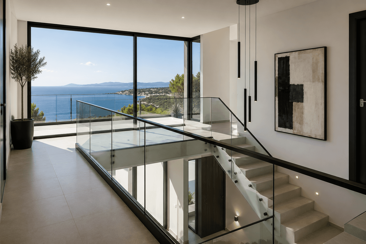 Scala moderna con balaustra in alluminio e vetro dal design minimale in una casa contemporanea