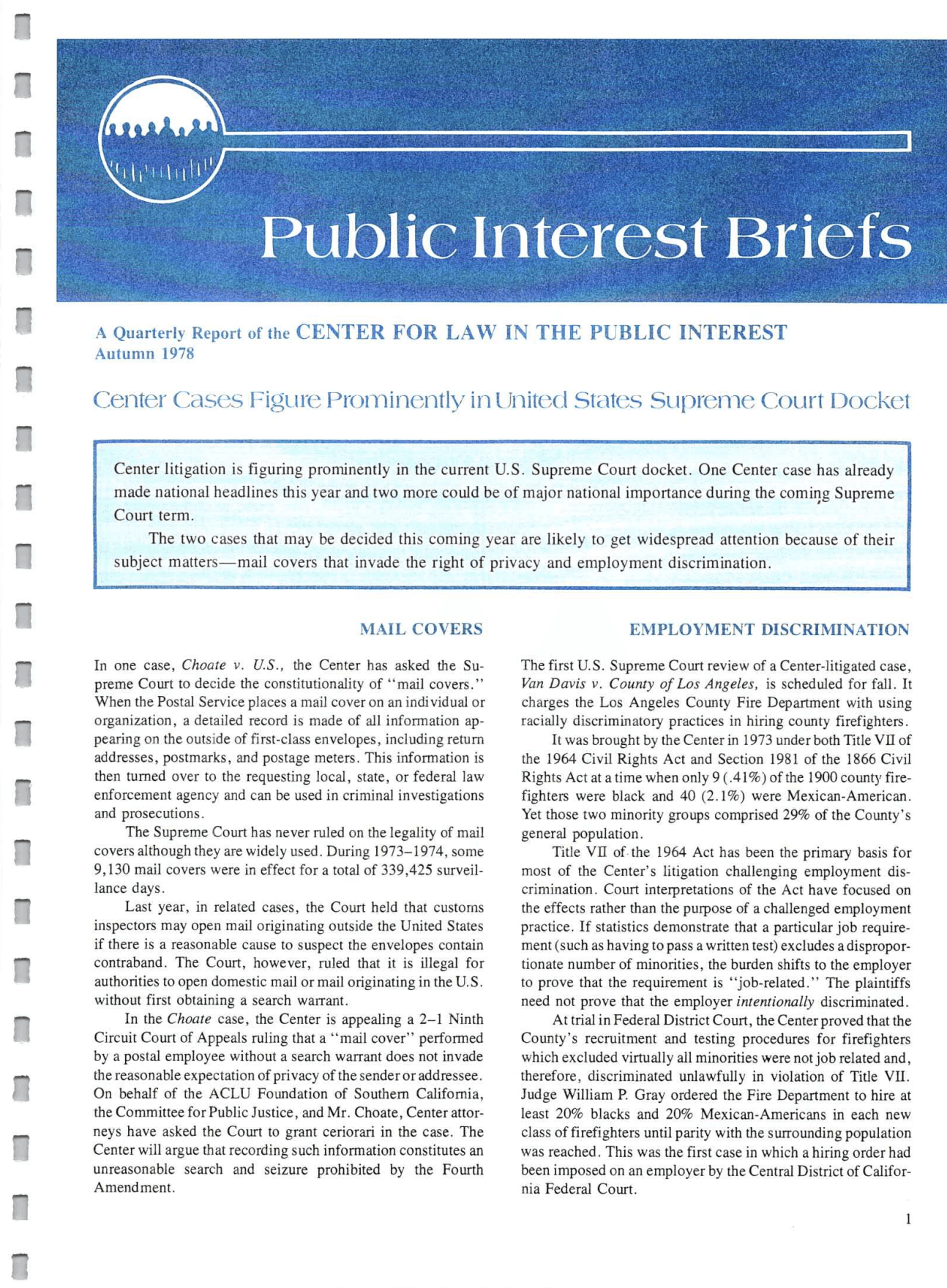 Cover of Center for Law In The Public Interest's Quarterly Report, Autumn 1978 Edition Public Interest Briefs