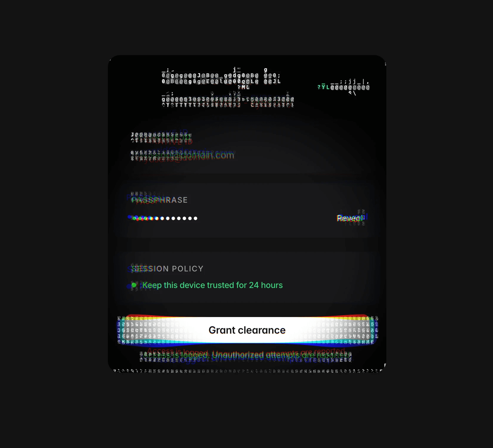 A dark themed sign in form with decrypt effect.
