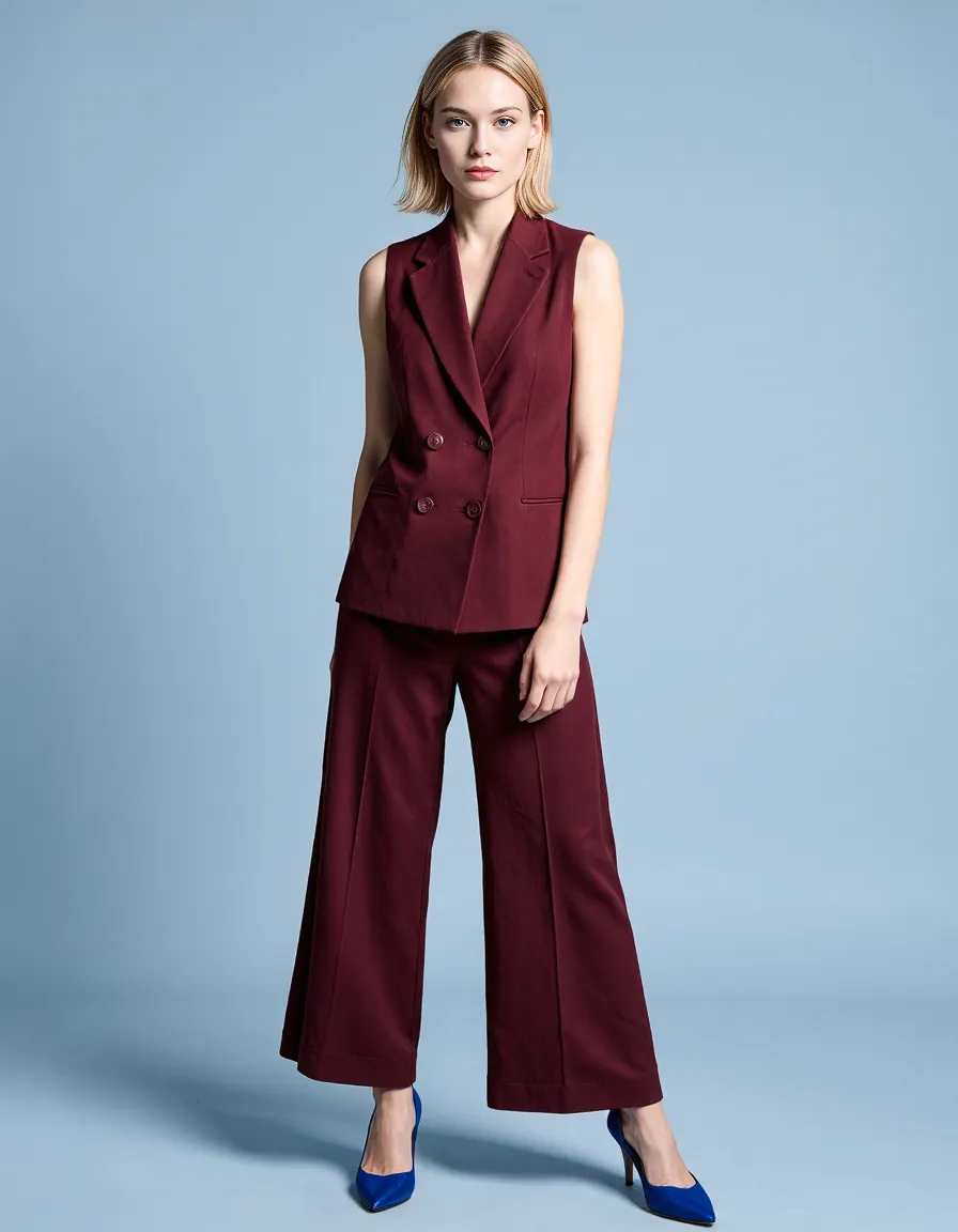Burgundy sleeveless power suit with wide-leg trousers paired with blue pumps against a light blue background in a minimal studio setting