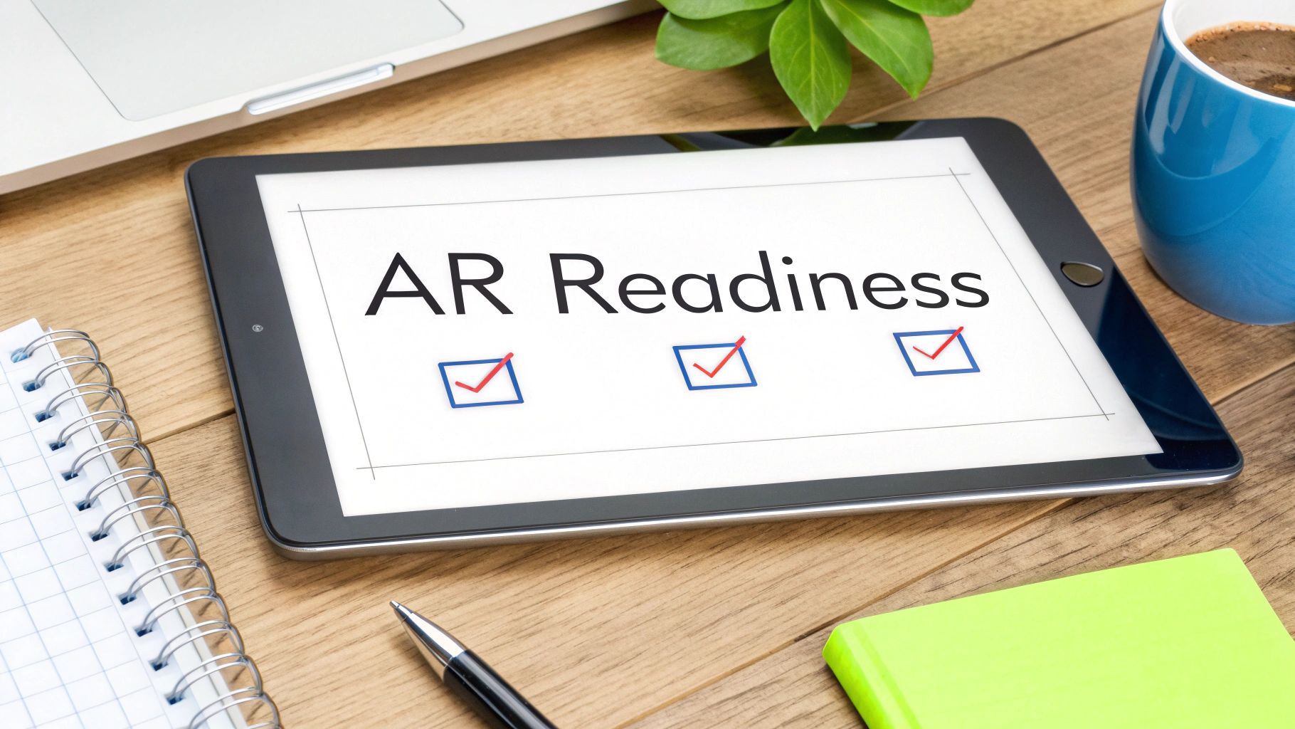 A tablet on a wooden desk displays 'AR Readiness' with three checked boxes, symbolizing preparation.